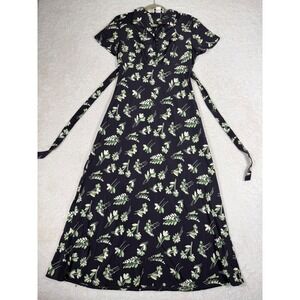 N.O.E. Floral Maxi Dress Women Small Navy Blue Vintage 90s Leaf Print Tie Back